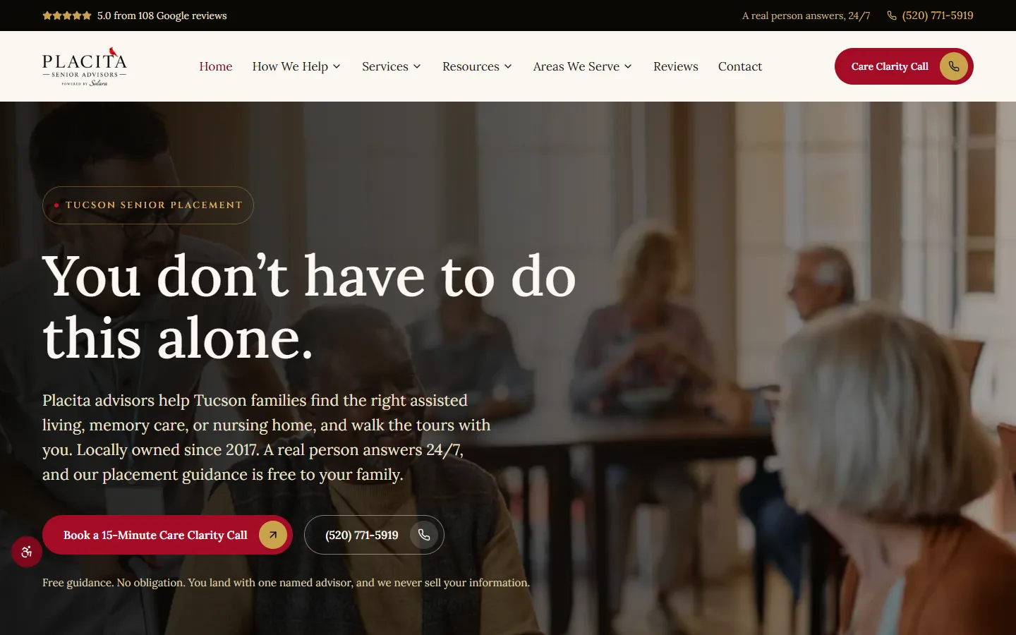 Placita Senior Advisors homepage after the rebuild, desktop view